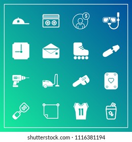 Modern, simple vector icon set on gradient background with account, stick, repair, basketball, sound, cap, note, message, financial, music, sport, finance, accounting, clothing, office, kitchen icons