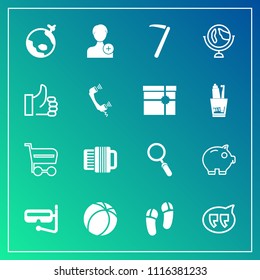 Modern, simple vector icon set on gradient background with bank, account, shop, airplane, travel, speech, mask, wrench, market, zoom, tool, game, accordion, sport, person, glass, member, buy icons