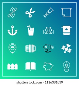 Modern, simple vector icon set on gradient background with anchor, satellite, coin, cut, work, water, telescope, paddle, message, textbook, money, location, music, finance, note, creative, sign icons