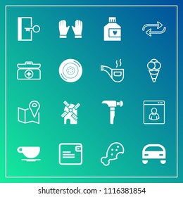 Modern, simple vector icon set on gradient background with saw, meal, cappuccino, fast, power, mouth, travel, food, snack, replace, wind, electricity, mouthwash, door, dollar, purse, chicken icons