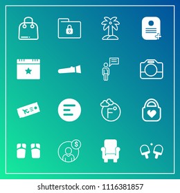Modern, simple vector icon set on gradient background with account, security, flight, paper, lock, retail, object, accounting, sale, footwear, nature, folder, chair, palm, fahrenheit, menu, flip icons