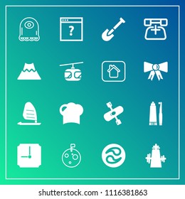 Modern, simple vector icon set on gradient background with surf, web, ocean, character, monster, moon, page, hour, internet, space, business, astronaut, tool, toothpaste, shovel, clock, health icons