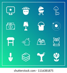 Modern, simple vector icon set on gradient background with japanese, flower, chinese, animal, food, tool, map, pin, star, shovel, people, drink, floral, interior, key, estate, technology, home icons