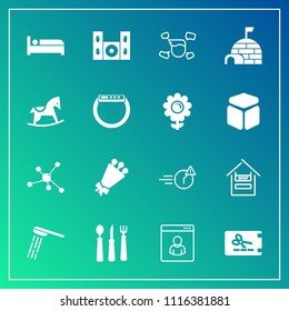 Modern, simple vector icon set on gradient background with bath, store, shower, business, beautiful, coupon, igloo, knife, blossom, atom, boy, water, speaker, customer, internet, bouquet, late icons