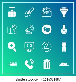 Modern, simple vector icon set on gradient background with computer, construction, sign, garbage, button, post, open, car, pink, unlock, clothing, security, laptop, fish, glass, fashion, can, pc icons