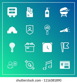 Modern, simple vector icon set on gradient background with sky, menu, national, tent, meat, holiday, profile, present, chocolate, nation, clock, box, camp, america, cooking, time, barbecue, food icons