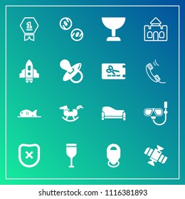 Modern, simple vector icon set on gradient background with achievement, summer, architecture, technology, security, location, interior, station, search, award, toy, closed, glass, food, cash icons