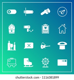 Modern, simple vector icon set on gradient background with drink, communication, park, flash, carousel, baggage, french, guitar, airport, musical, london, turn, repair, winter, snack, sport, ice icons