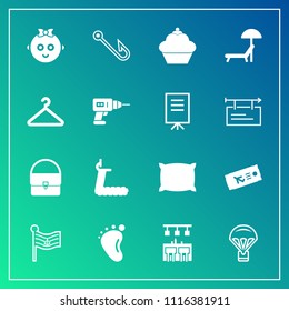 Modern, simple vector icon set on gradient background with white, treadmill, flag, bed, food, ticket, home, flight, nation, pillow, hook, child, baby, fashion, foot, fitness, america, small, bag icons