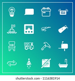 Modern, simple vector icon set on gradient background with shovel, truck, speech, toilet, change, present, birthday, message, dont, holiday, bathroom, ribbon, comfortable, replacement, talk, box icons