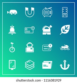 Modern, simple vector icon set on gradient background with video, finance, anchor, field, space, vessel, ship, container, bike, cash, business, pole, document, currency, sea, boat, cosmonaut, tv icons