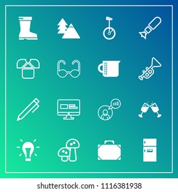 Modern, simple vector icon set on gradient background with nature, leather, white, kitchen, freelance, computer, red, website, freelancer, energy, bulb, idea, mushroom, glass, web, landscape icons
