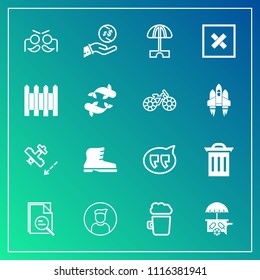 Modern, simple vector icon set on gradient background with bar, travel, carnival, plane, dollar, trash, beer, bubble, male, food, flight, van, pub, style, chat, speech, internet, waste, airplane icons