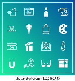 Modern, simple vector icon set on gradient background with sweet, transport, money, dollar, emergency, finance, tie, cross, property, house, estate, present, home, magnetic, food, fashion, male icons