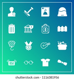 Modern, simple vector icon set on gradient background with kitchen, recycling, fashion, banking, garden, autumn, can, add, menu, new, eyesight, headwear, bank, music, member, cook, bin, gift icons