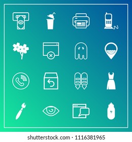 Modern, simple vector icon set on gradient background with telephone, eye, concept, page, lifestyle, female, human, sakura, spring, shipping, ring, phone, call, box, dress, order, delivery, cash icons