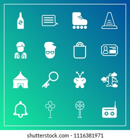 Modern, simple vector icon set on gradient background with tent, sign, sound, fan, business, music, electric, aircraft, nature, key, house, bell, door, step, alarm, airplane, skating, liquid, up icons