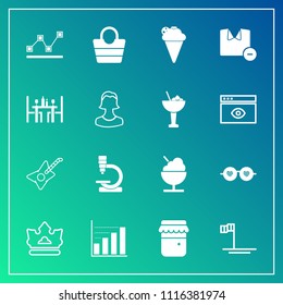 Modern, simple vector icon set on gradient background with clothes, chart, microscope, glasses, object, science, cream, male, queen, ice, graph, leather, sweet, food, research, man, dessert, jar icons