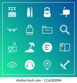 Modern, simple vector icon set on gradient background with app, toothpaste, toothbrush, hygiene, glass, skate, fashion, eye, wine, raking, job, bar, human, garden, palm, health, island icons