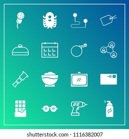 Modern, simple vector icon set on gradient background with sunglasses, sky, abstract, karaoke, equipment, mic, telescope, home, destination, dessert, night, travel, drill, food, glasses, street icons