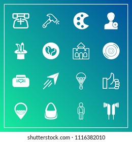 Modern, simple vector icon set on gradient background with success, add, sky, call, up, flight, account, communication, male, job, construction, parachute, drawing, location, caffeine, equipment icons