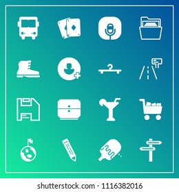 Modern, simple vector icon set on gradient background with fashion, game, bus, cart, office, poker, cream, space, direction, footwear, earth, transportation, account, transport, martini, leather icons