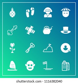 Modern, simple vector icon set on gradient background with avatar, fresh, footwear, blossom, real, estate, baja, account, slipper, user, door, remove, business, surf, alien, sign, sea, tropical icons