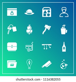 Modern, simple vector icon set on gradient background with snorkel, key, mask, glass, pin, boy, red, alcohol, cutlery, spaceship, document, wine, file, lock, astronaut, vehicle, sign, ball, sea icons