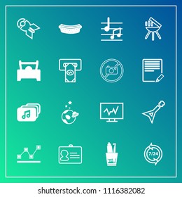 Modern, simple vector icon set on gradient background with file, id, dinner, technology, stats, toothbrush, meat, dental, graph, toothpaste, medicine, health, name, identity, falling, astronaut icons