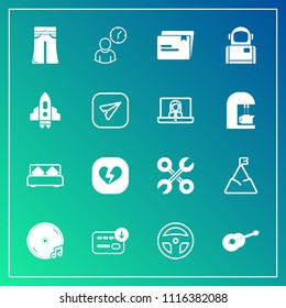 Modern, simple vector icon set on gradient background with file, time, sign, fashion, bedroom, space, pants, sound, album, repair, paper, heart, hour, love, work, furniture, musical, money, sack icons