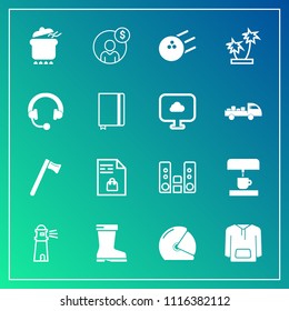 Modern, simple vector icon set on gradient background with lighthouse, supermarket, finance, play, clothing, jacket, music, meal, notebook, dinner, wrench, spanner, hammer, audio, motorbike, sea icons