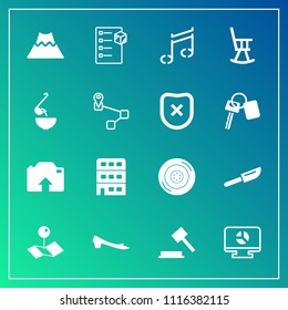 Modern, simple vector icon set on gradient background with music, architecture, knife, package, furniture, restaurant, location, office, car, tire, delivery, mountain, infographic, template, box icons