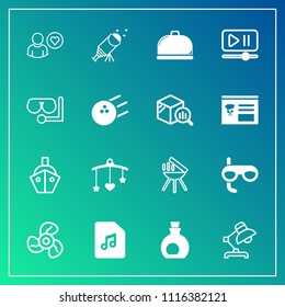 Modern, simple vector icon set on gradient background with mask, home, vessel, newborn, interior, sea, food, business, sport, healthy, lamp, note, mediterranean, sky, ventilator, meat, electric icons
