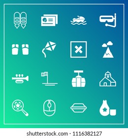 Modern, simple vector icon set on gradient background with device, find, construction, sound, , music, document, cable, summer, japanese, ocean, blue, boat, computer, beach, train, food, sky icons