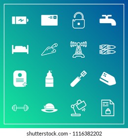 Modern, simple vector icon set on gradient background with market, spray, full, sport, crane, identity, communication, protection, table, bed, exercise, supermarket, kitchen, cooking, security icons