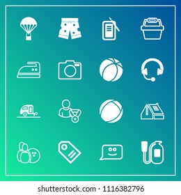 Modern, simple vector icon set on gradient background with suzuri, emergency, construction, jump, equipment, extreme, sale, face, shorts, trailer, journey, chat, game, wear, travel, label, ball icons