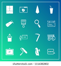 Modern, simple vector icon set on gradient background with go, home, internet, tool, fashion, children, web, tv, message, flame, vehicle, decoration, check, tie, room, animal, chemical, sign icons