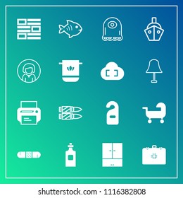Modern, simple vector icon set on gradient background with sign, baby, fish, military, printer, newspaper, seafood, internet, print, vessel, bottle, sea, carriage, lady, motel, monster, alien icons