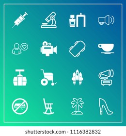 Modern, simple vector icon set on gradient background with dentistry, scan, dentist, vintage, high, clinic, conditioner, medical, drill, rocket, car, leaf, craft, air, shoe, science, machine icons