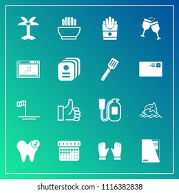 Modern, simple vector icon set on gradient background with paper, french, glove, good, dentist, tropical, health, blue, hand, danger, timetable, dinner, dish, emergency, nature, day, wildlife icons