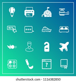 Modern, simple vector icon set on gradient background with jump, internet, equipment, printer, arctic, travel, avatar, sky, parachuting, library, fun, bowling, human, study, oven, motel, sport icons