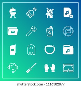 Modern, simple vector icon set on gradient background with book, business, center, mill, brochure, fashion, gadget, fear, energy, time, construction, barbecue, document, , halloween, spanner icons