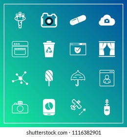 Modern, simple vector icon set on gradient background with white, open, drink, cloud, kitchen, aircraft, brush, plane, internet, medical, camera, glass, mascara, airplane, wine, molecule, web icons