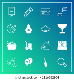 Modern, simple vector icon set on gradient background with presentation, home, magnifying, property, business, supermarket, people, house, trumpet, package, key, decoration, toothbrush, food icons