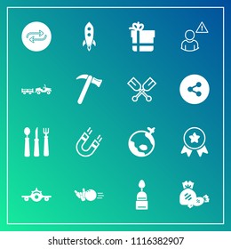 Modern, simple vector icon set on gradient background with flight, replacement, alarm, sweet, change, field, bow, world, first, magnetic, network, candy, plane, pole, winner, fun, pin, online icons