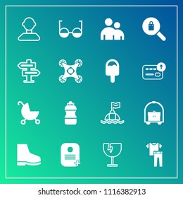 Modern, simple vector icon set on gradient background with man, clothes, male, water, child, internet, drink, pram, bottle, woman, baby, footwear, stroller, buoy, doorknob, sea, human, carriage icons