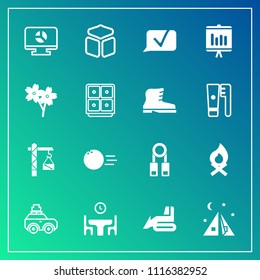 Modern, simple vector icon set on gradient background with document, fun, sport, flame, chat, hot, cherry, annual, saw, person, bonfire, business, equipment, hammer, food, travel, square, family icons