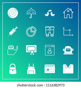 Modern, simple vector icon set on gradient background with time, open, apron, new, bird, award, dove, calendar, internet, certificate, shirt, auto, tire, helmet, kettle, protection, clothing icons