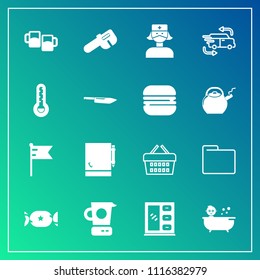 Modern, simple vector icon set on gradient background with page, nurse, lollipop, basket, cabinet, folder, notepad, kitchen, child, medical, office, repair, fast, notebook, store, care, file icons