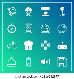Modern, simple vector icon set on gradient background with map, chief, pin, transportation, play, compass, construction, builder, cap, business, volume, industry, fun, clock, transport, machine icons